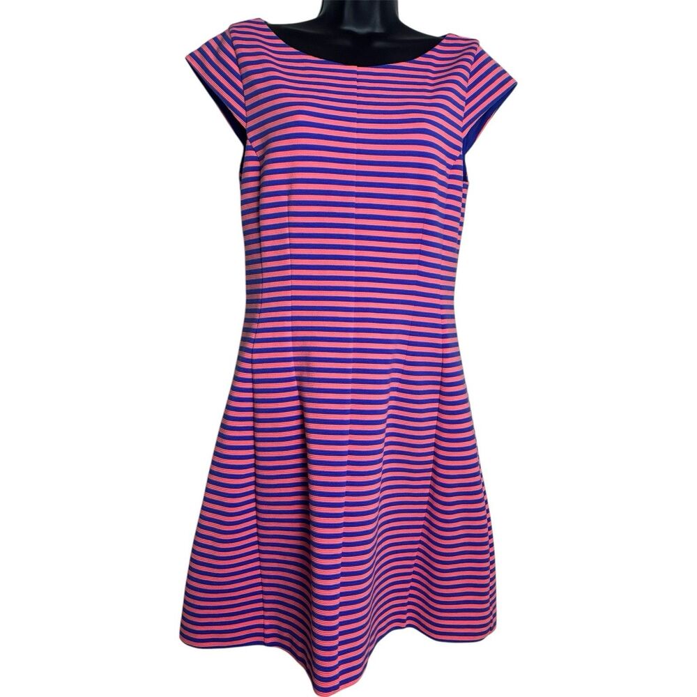 Lilly Pulitzer Briella Fit Flare Dress Pink Blue Ottoman Striped Zip Lined L